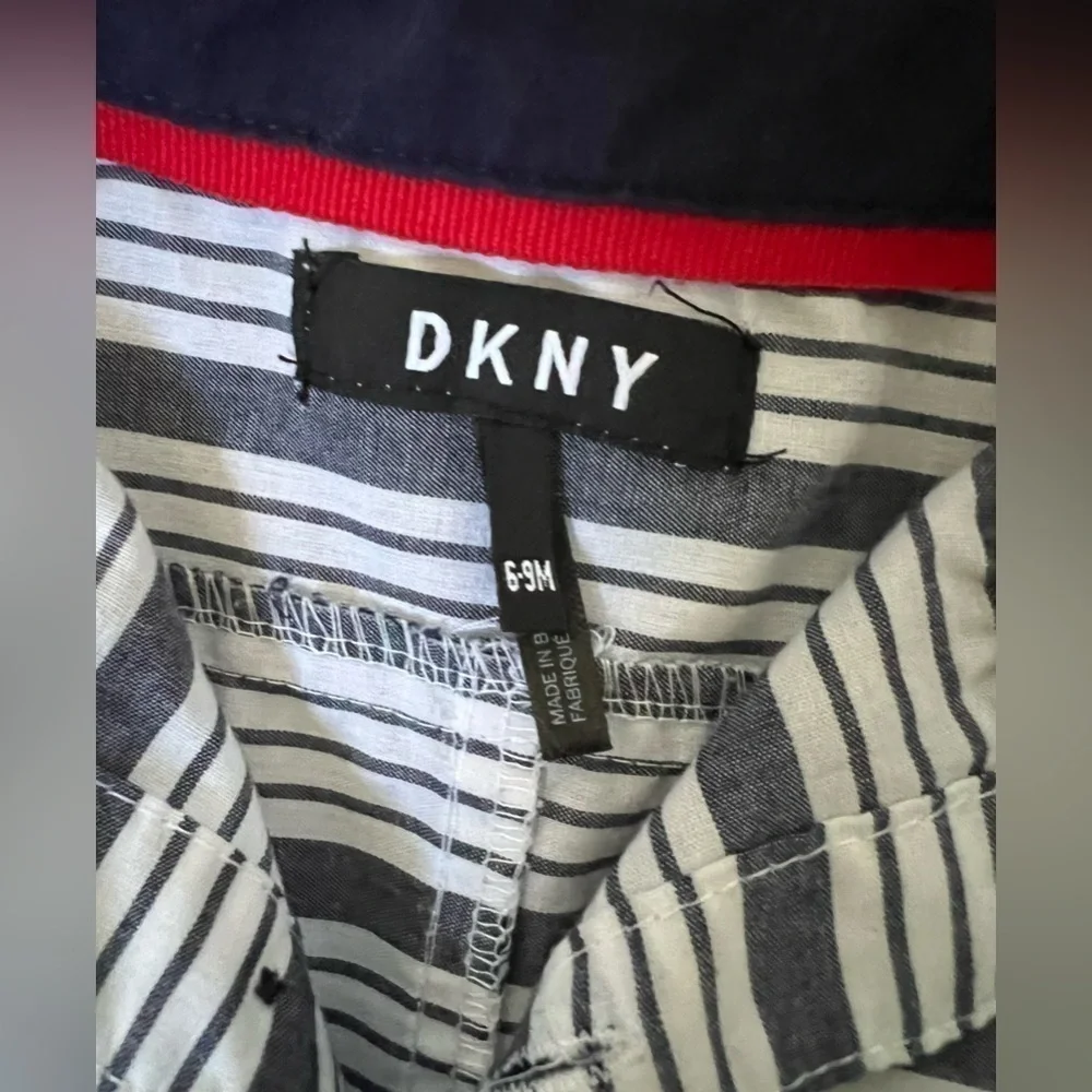 DKNY 6-9 months navy & white striped baby short sleeve collar dress shirt onesie